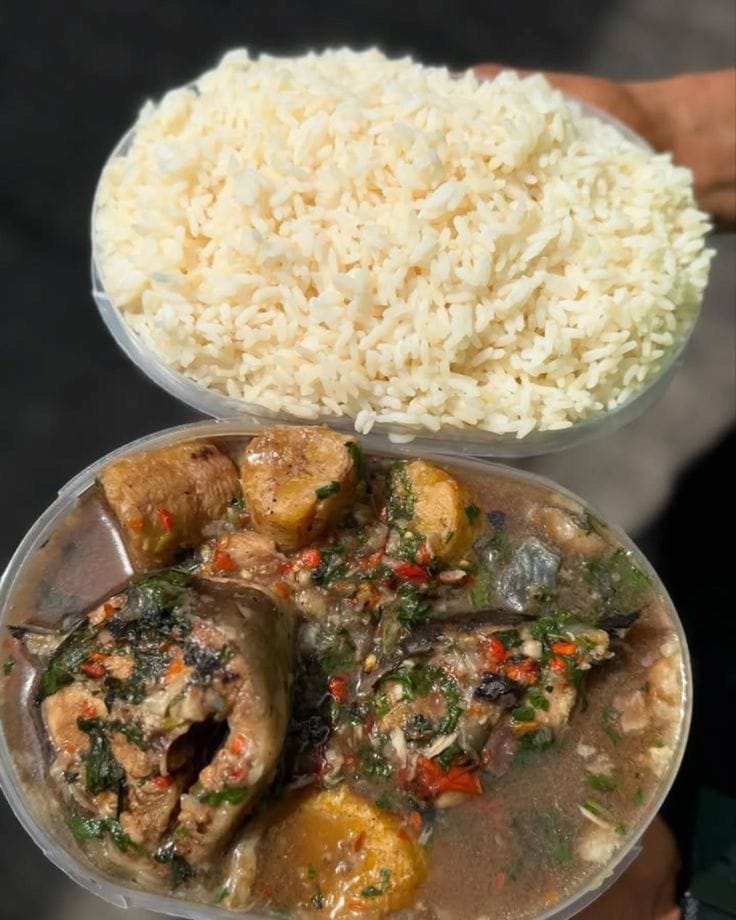 Fish pepper soup with plantain served alongside white rice