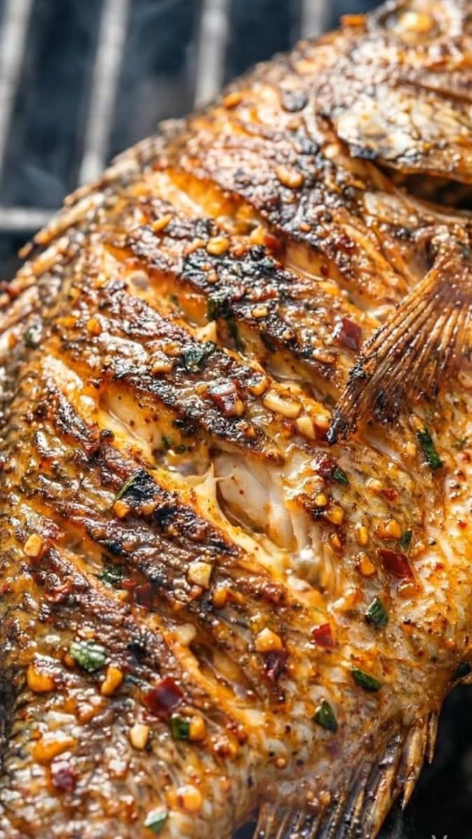 Charcoal-grilled whole fish with garlic and chilli