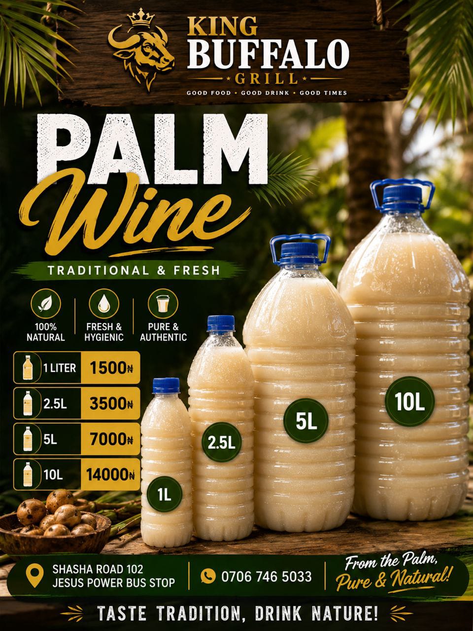 Bottles of fresh King Buffalo Grill palm wine in four sizes
