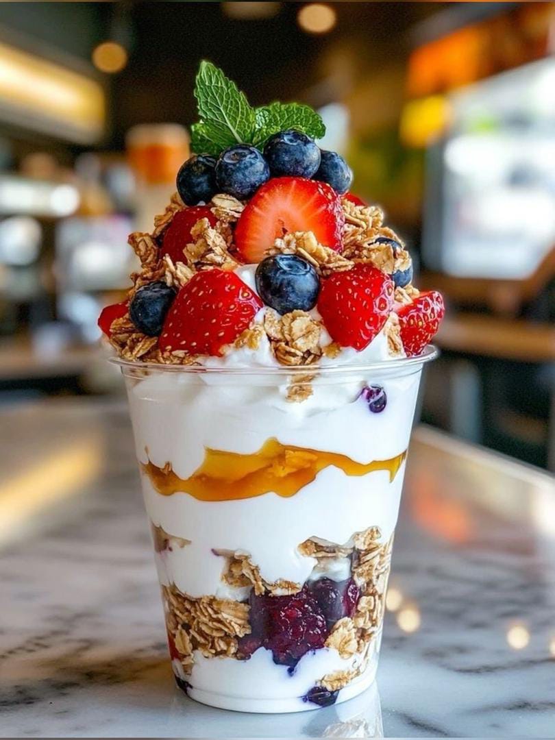 Yogurt parfait cup layered with granola and fresh berries