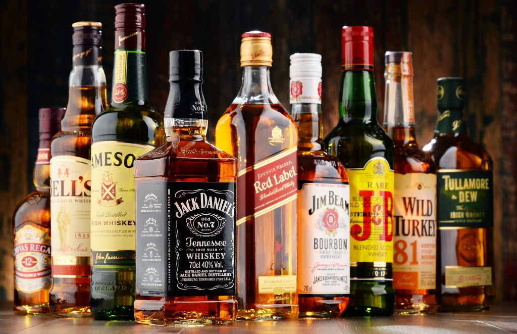 Selection of whiskey and bourbon bottles